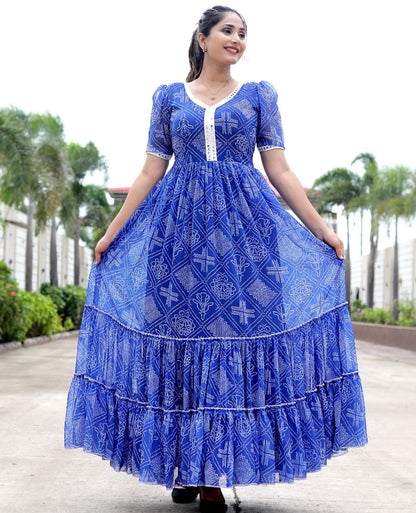 Blue georgette bandhni printed gown