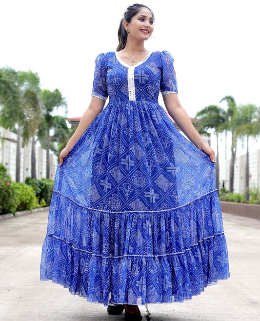 Blue georgette bandhni printed gown