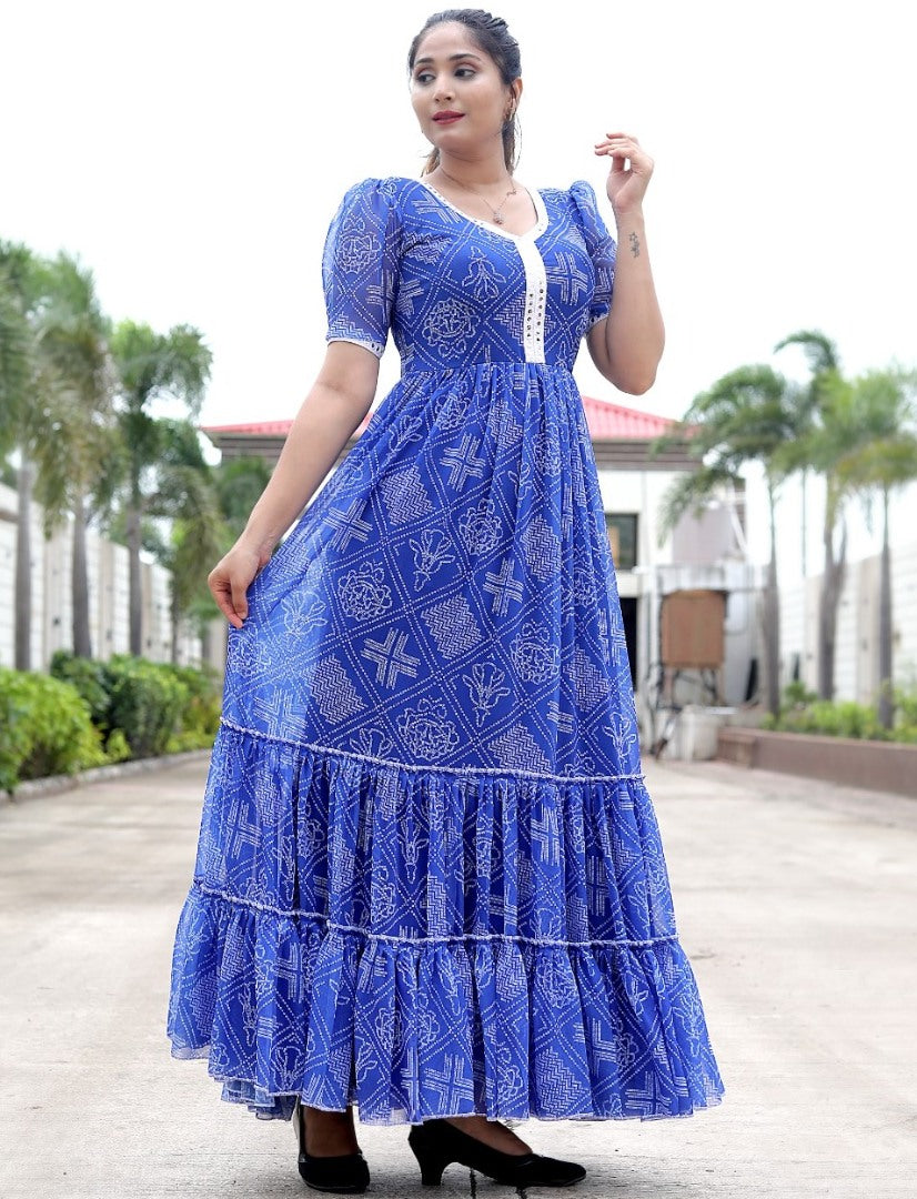 Blue georgette bandhni printed gown