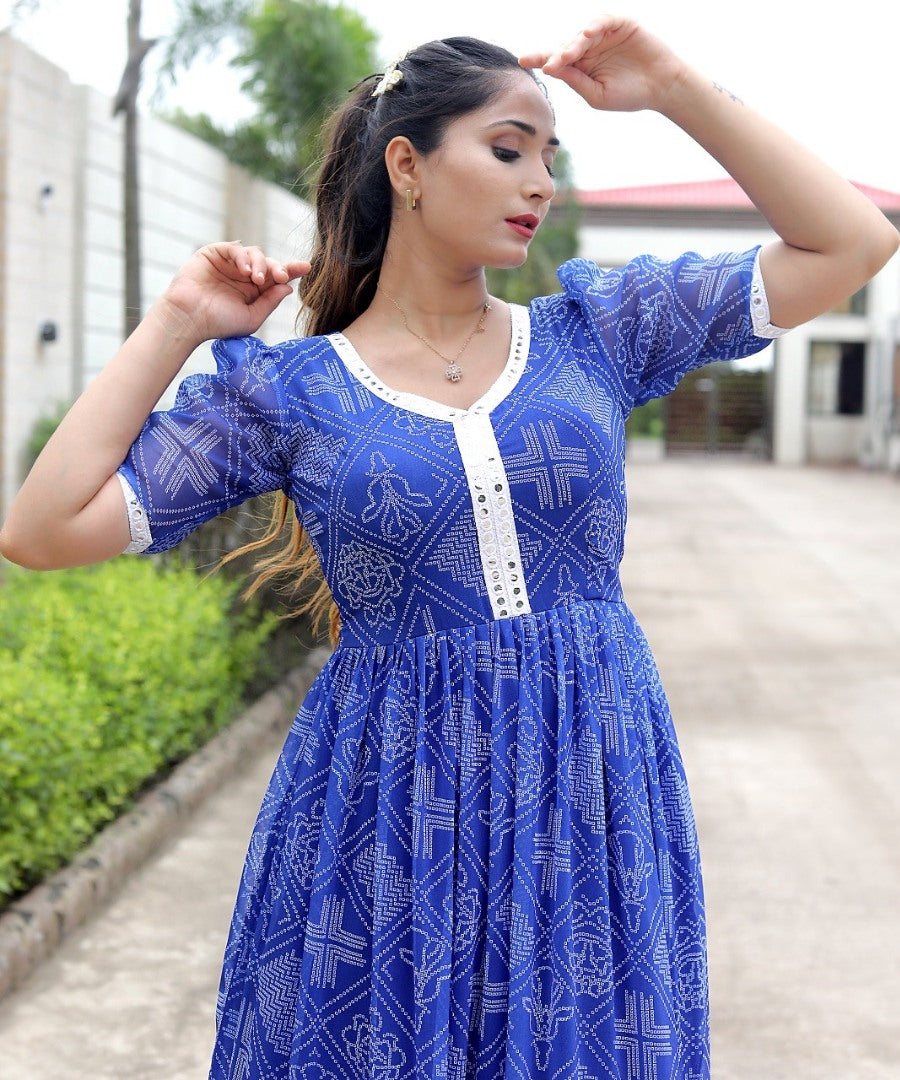 Blue georgette bandhni printed gown