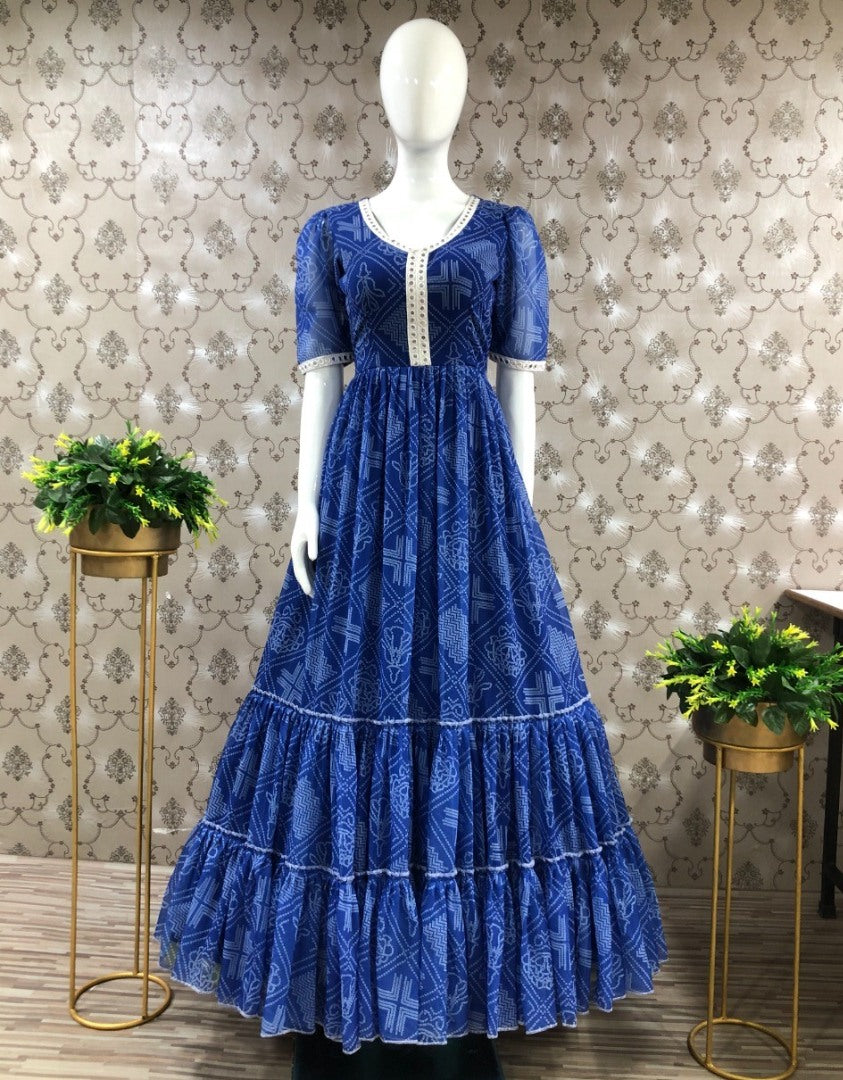 Blue georgette bandhni printed gown