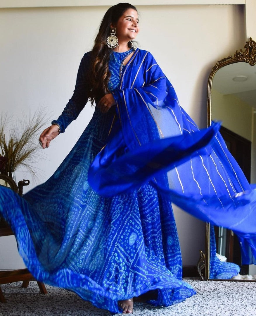 Blue georgette bandhni printed gown