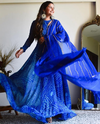 Blue georgette bandhni printed gown