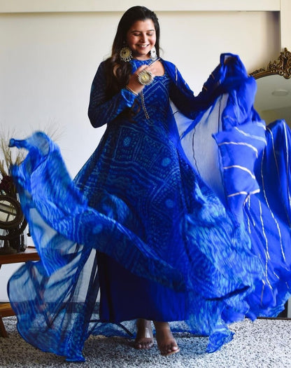 Blue georgette bandhni printed gown