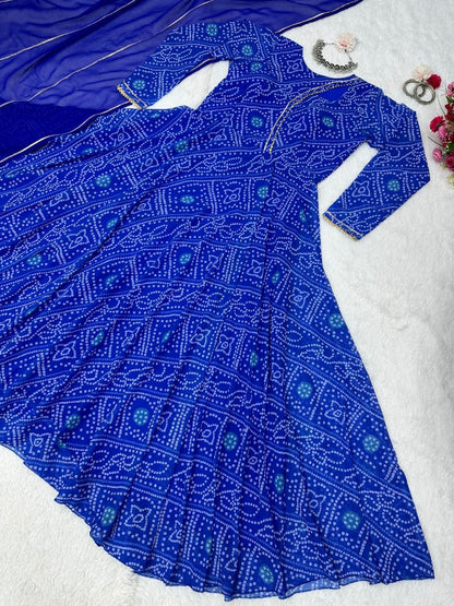 Blue georgette bandhni printed gown