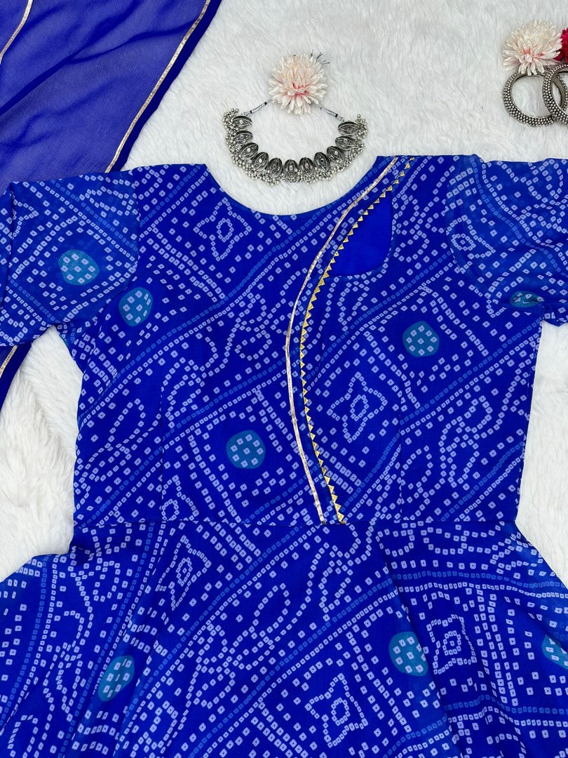 Blue georgette bandhni printed gown