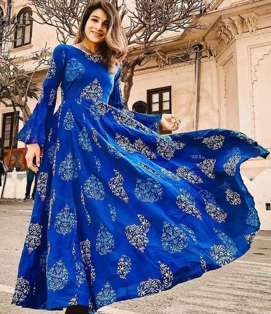 Blue georgette digital printed work gown