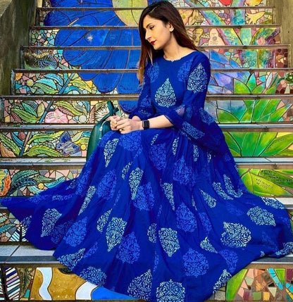 Blue georgette digital printed work gown