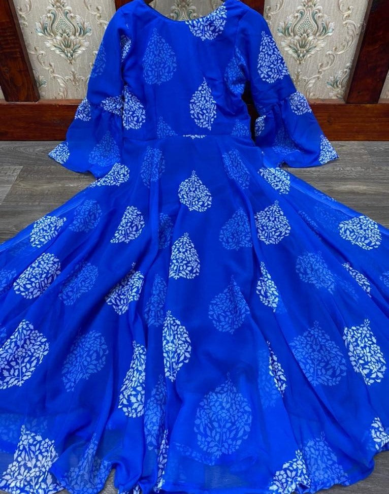 Blue georgette digital printed work gown
