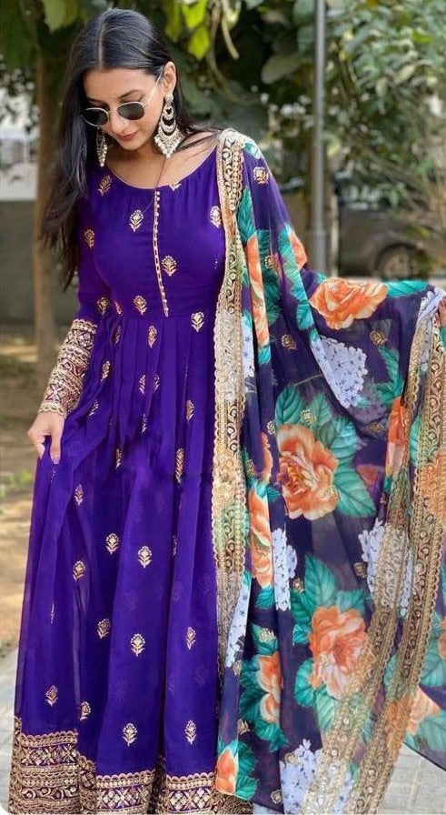 Blue georgette embroidered anarkali suit with printed dupatta