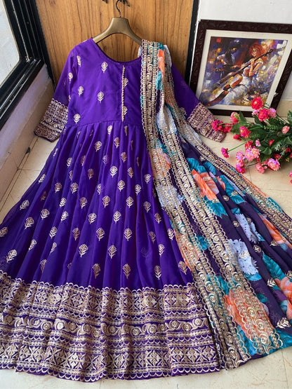 Blue georgette embroidered anarkali suit with printed dupatta