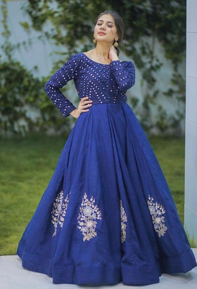 Blue georgette embroidered gown