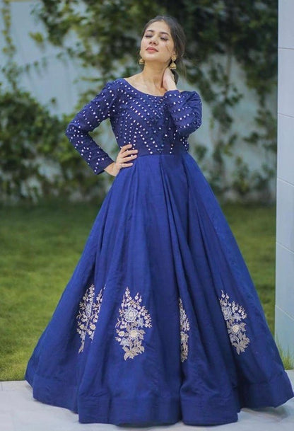 Blue georgette embroidered gown