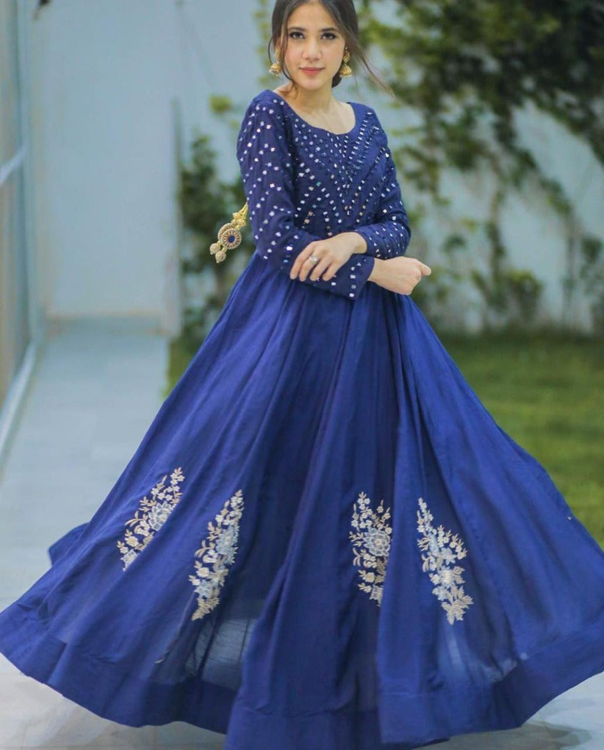 Blue georgette embroidered gown