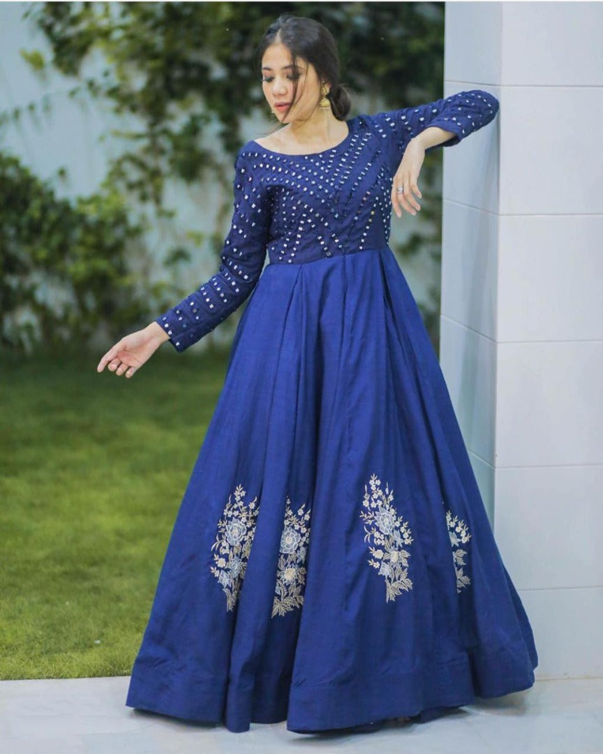 Blue georgette embroidered gown