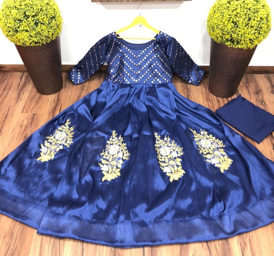 Blue georgette embroidered gown