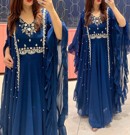 Blue georgette embroidered indowestern gown