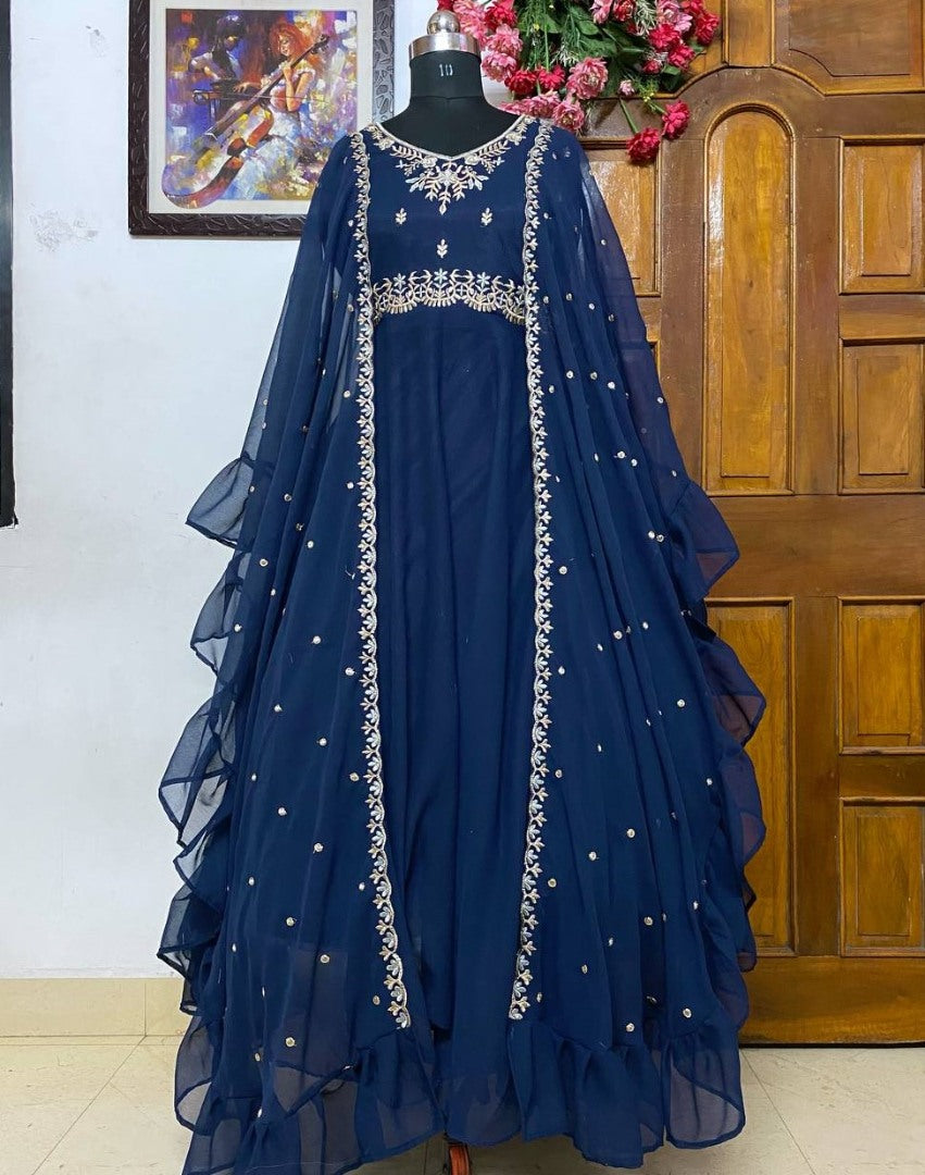 Blue georgette embroidered indowestern gown