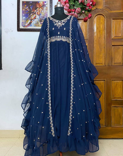 Blue georgette embroidered indowestern gown