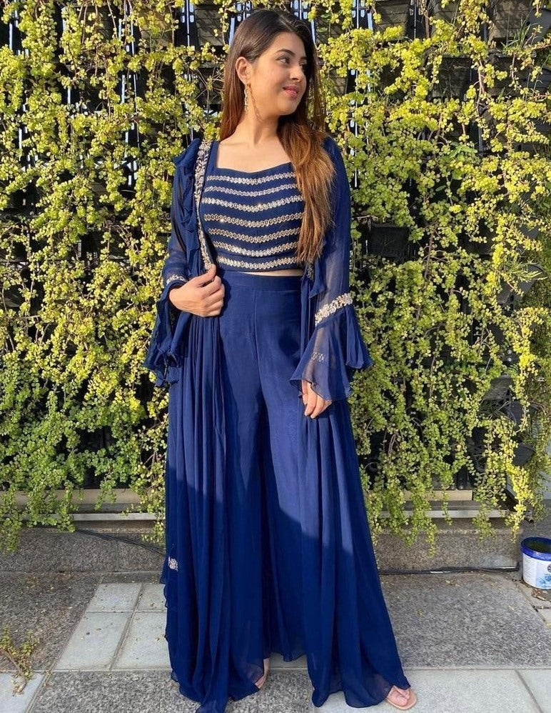 Blue georgette embroidered indowestern partywear plazzo suit with shrug