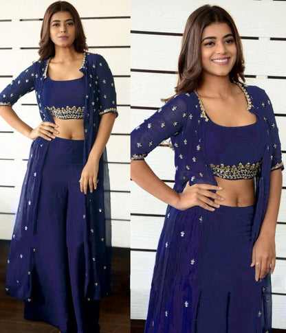 Blue georgette embroidered indowestern plazzo suit with shrug