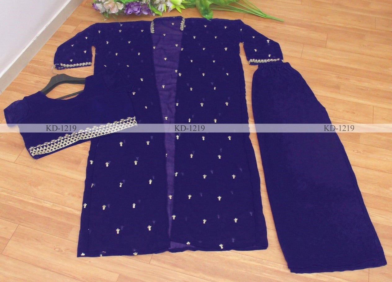 Blue georgette embroidered indowestern plazzo suit with shrug