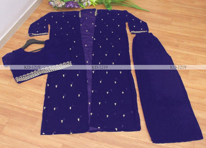 Blue georgette embroidered indowestern plazzo suit with shrug