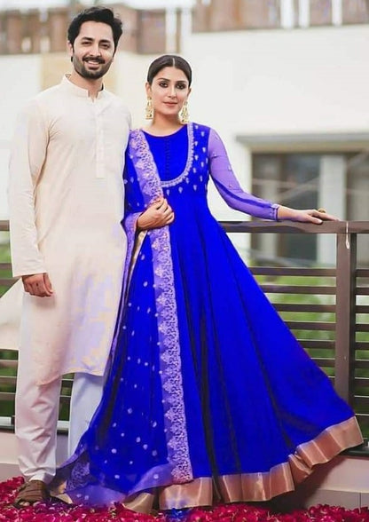 Blue georgette embroidered long anarkali gown