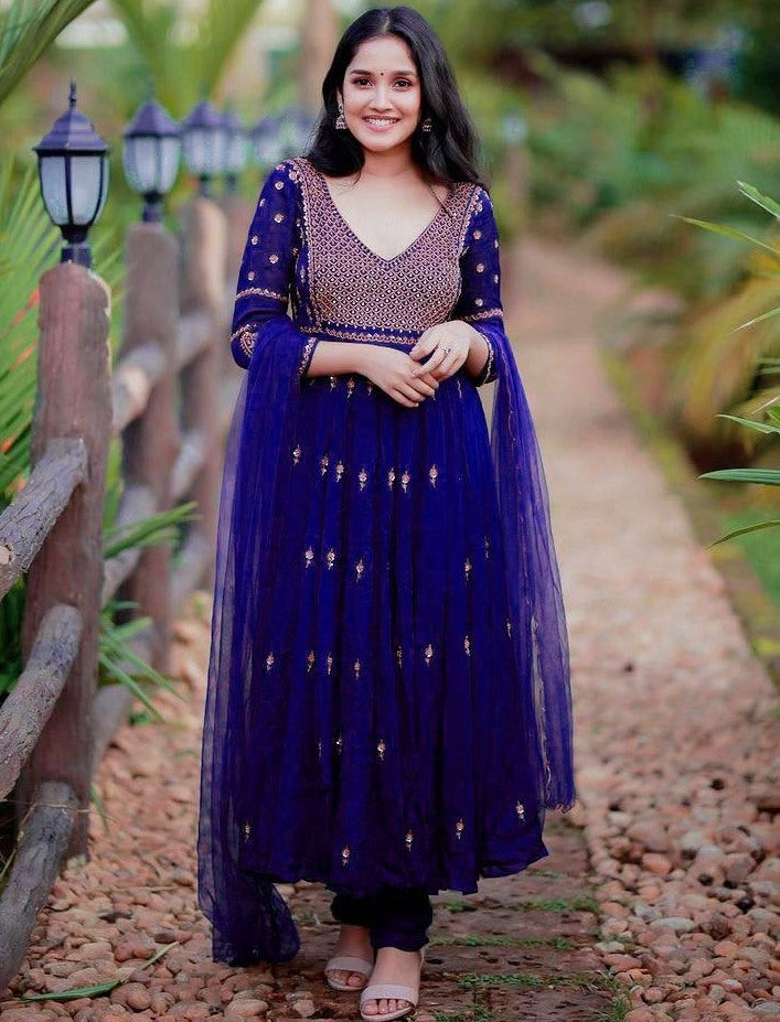 Blue georgette embroidered party wear anarkali suit