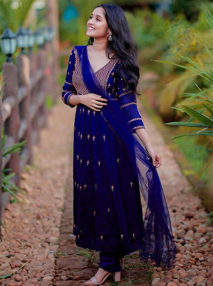Blue georgette embroidered party wear anarkali suit
