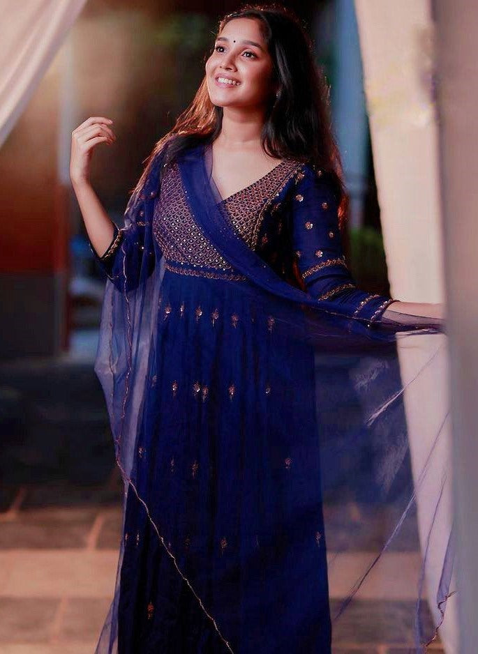 Blue georgette embroidered party wear anarkali suit