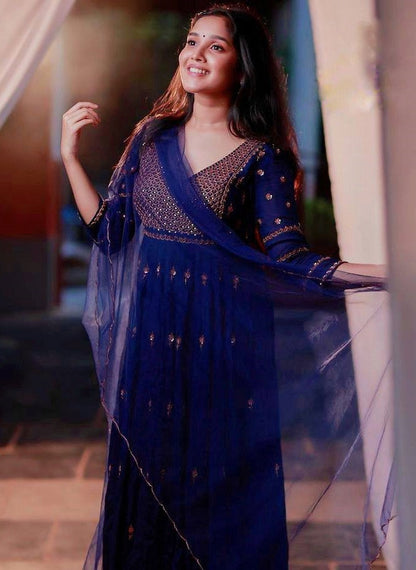 Blue georgette embroidered party wear anarkali suit