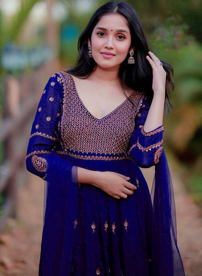 Blue georgette embroidered party wear anarkali suit