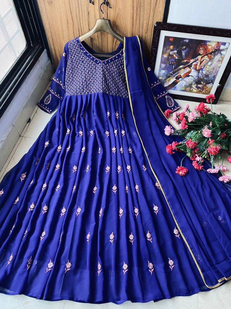 Blue georgette embroidered party wear anarkali suit