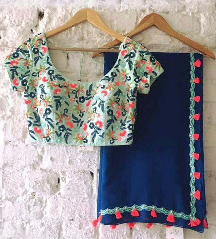 blue georgette embroidered partywear saree