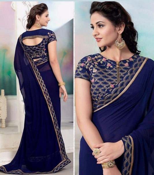 Blue georgette embroidered partywear saree