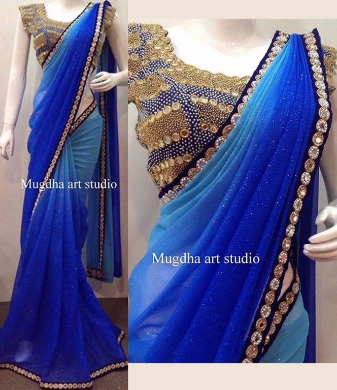 Blue georgette embroidered partywear saree
