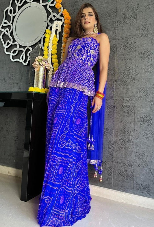 Blue georgette embroidered printed sharara suit