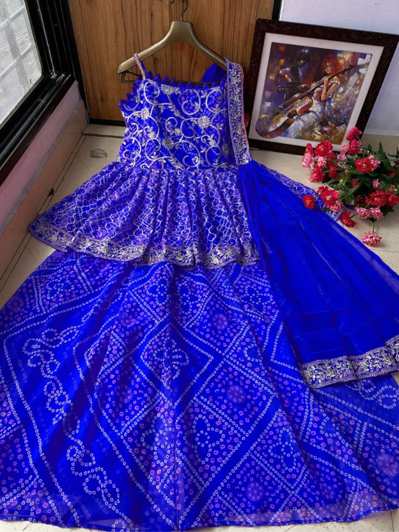 Blue georgette embroidered printed sharara suit