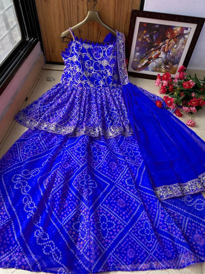 Blue georgette embroidered printed sharara suit