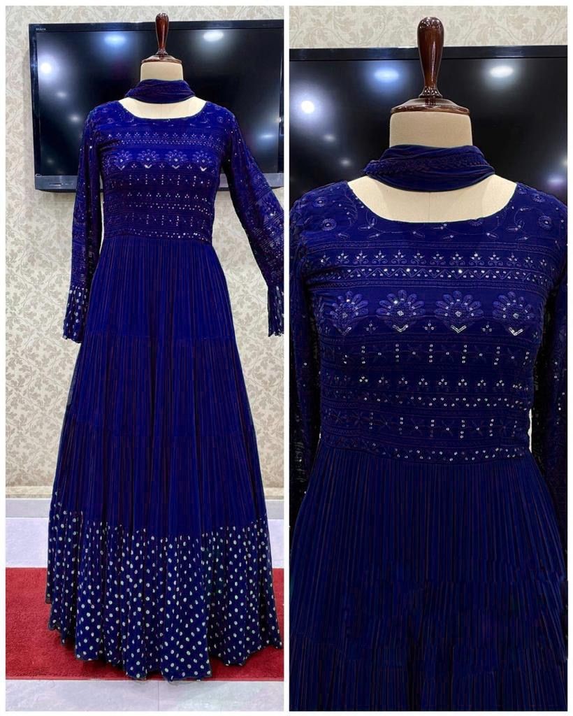 Blue georgette embroidered ruffle layer gown