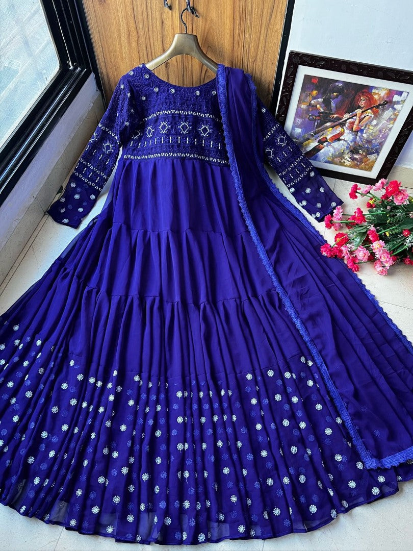 Blue georgette embroidered ruffle layer gown