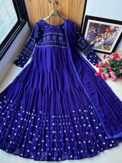 Blue georgette embroidered ruffle layer gown