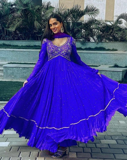 Blue georgette embroidered ruffle layered anarkali suit