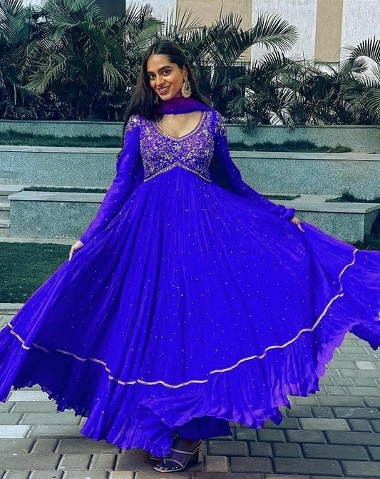 Blue georgette embroidered ruffle layered anarkali suit