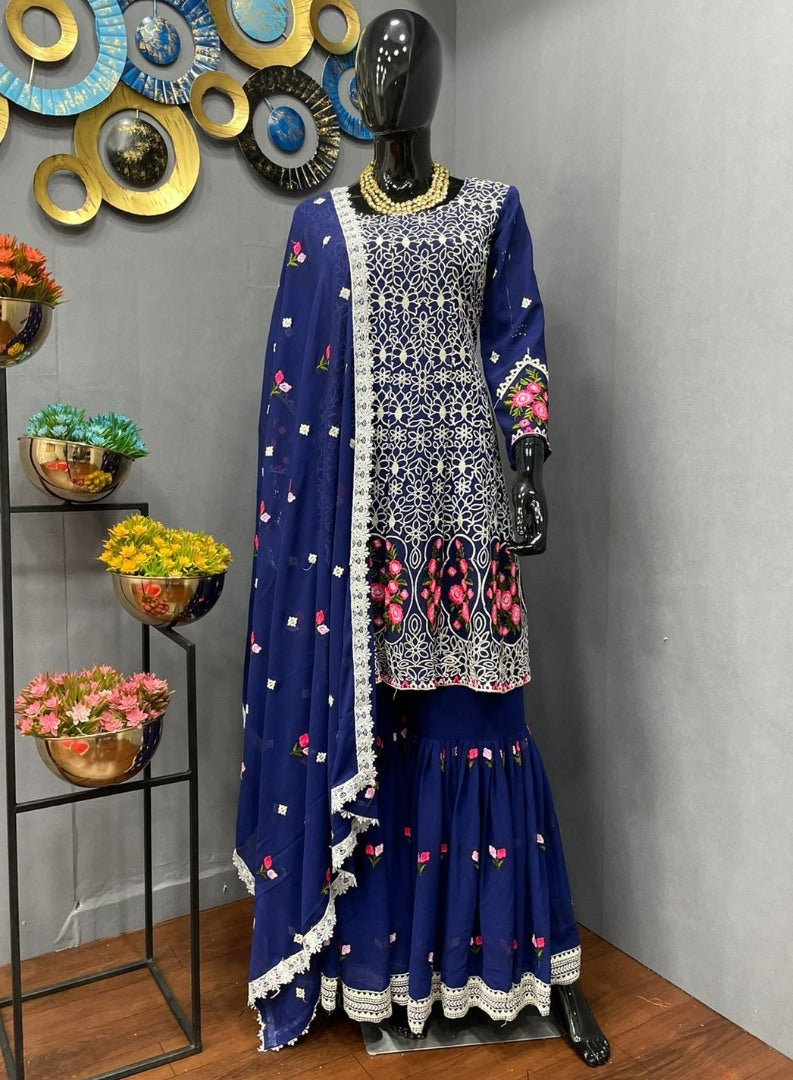 Blue georgette embroidered sharara salwar suit