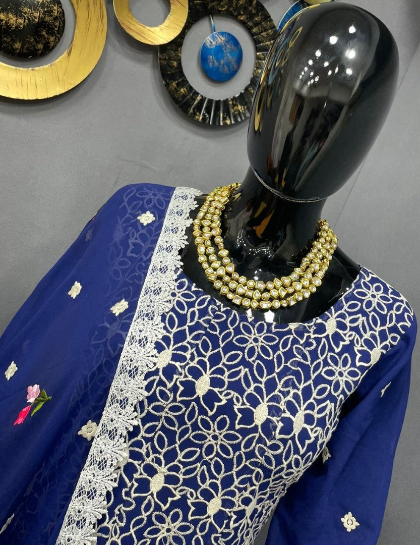 Blue georgette embroidered sharara salwar suit
