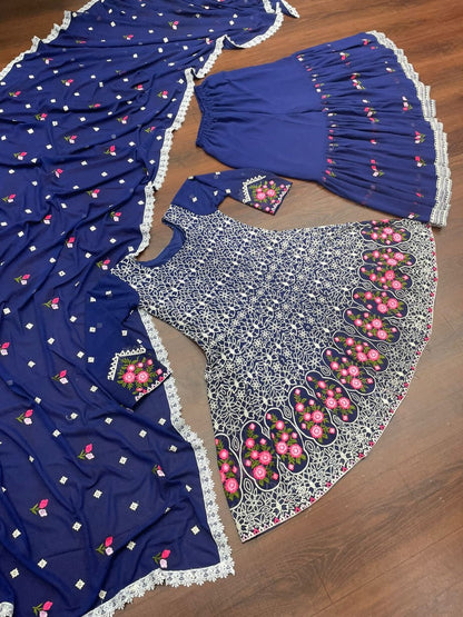 Blue georgette embroidered sharara salwar suit