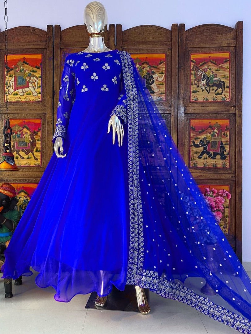 Blue georgette embroidered umbrella flair gown