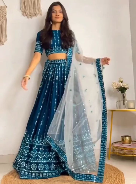 Blue georgette embroidered wedding lehenga choli